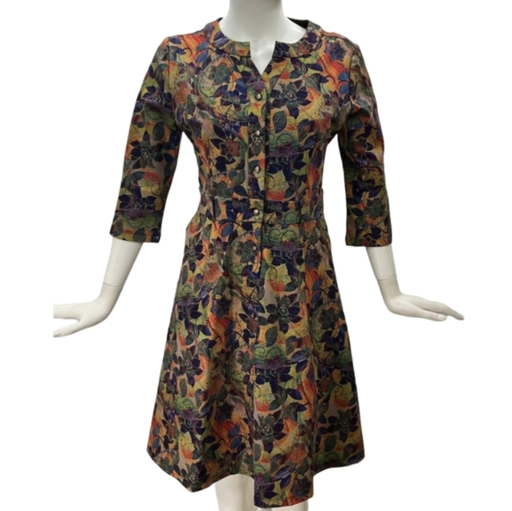 Metisu Women's Floral Print Midi Dress 3/4 Sleeve V-Neck Belted Pockets‎ Soft